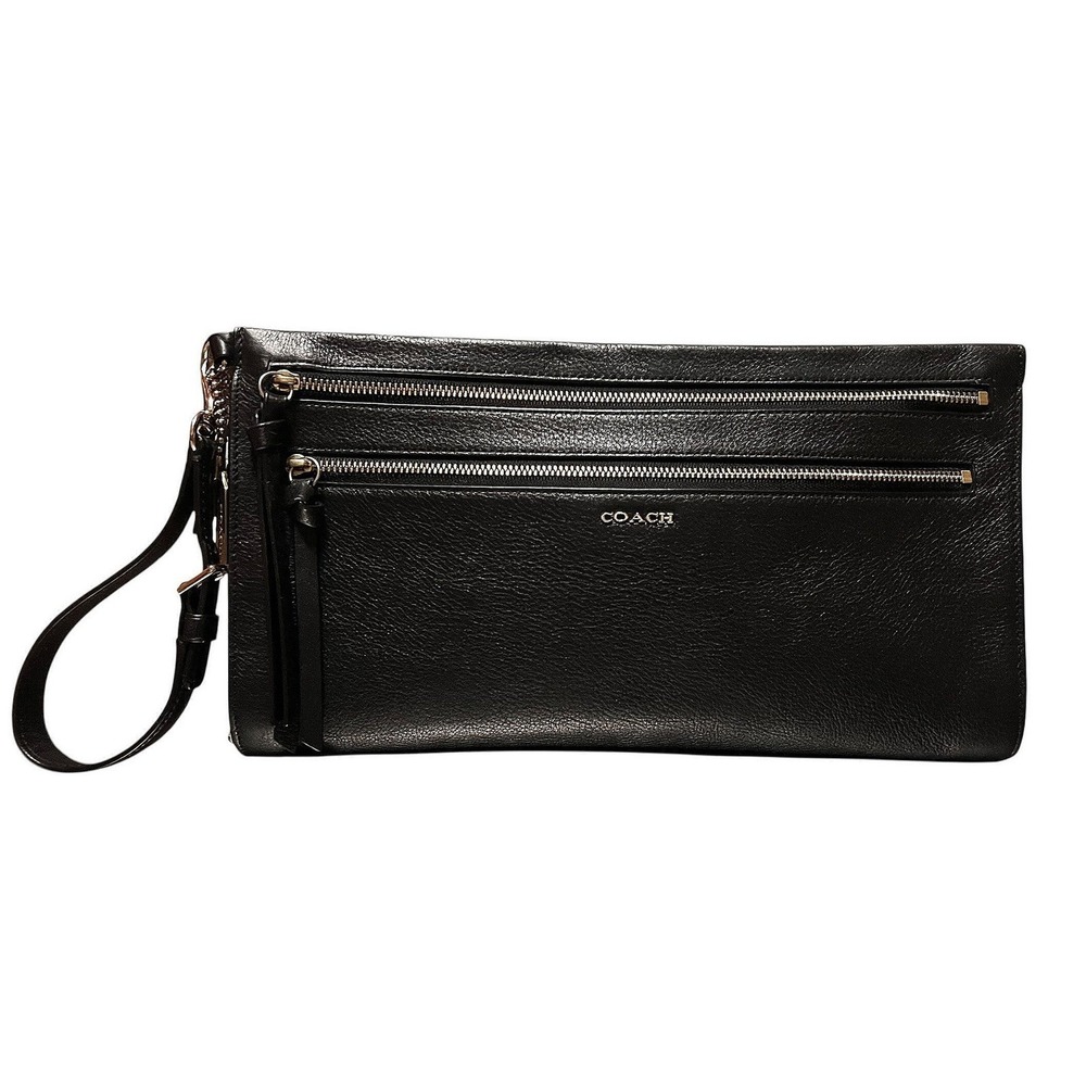 Coach‎ Black Pebbled Leather Wristlet Clutch Animal Print Gusset Gold Hardware